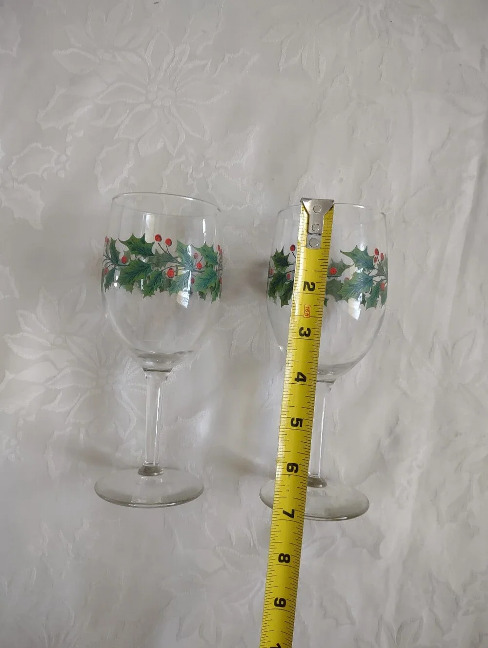Holiday Holly Berries Hand Painted Stemmed Tall Crystal Glasses Wine Champagne